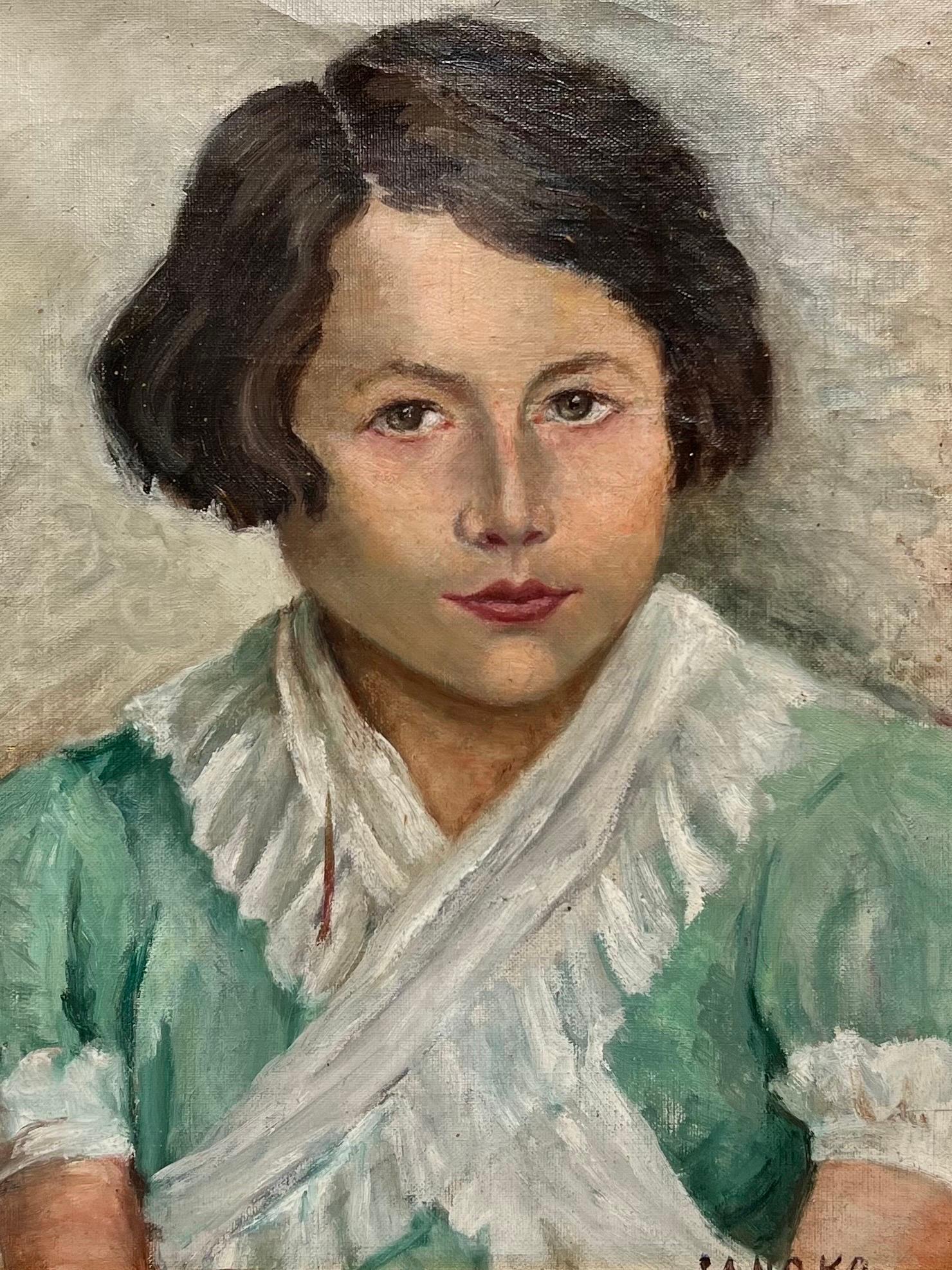 Óleo Impresionista Francés Firmado, Retrato de Joven con Vestido Turquesa Años 30 - Painting de 1930's French
