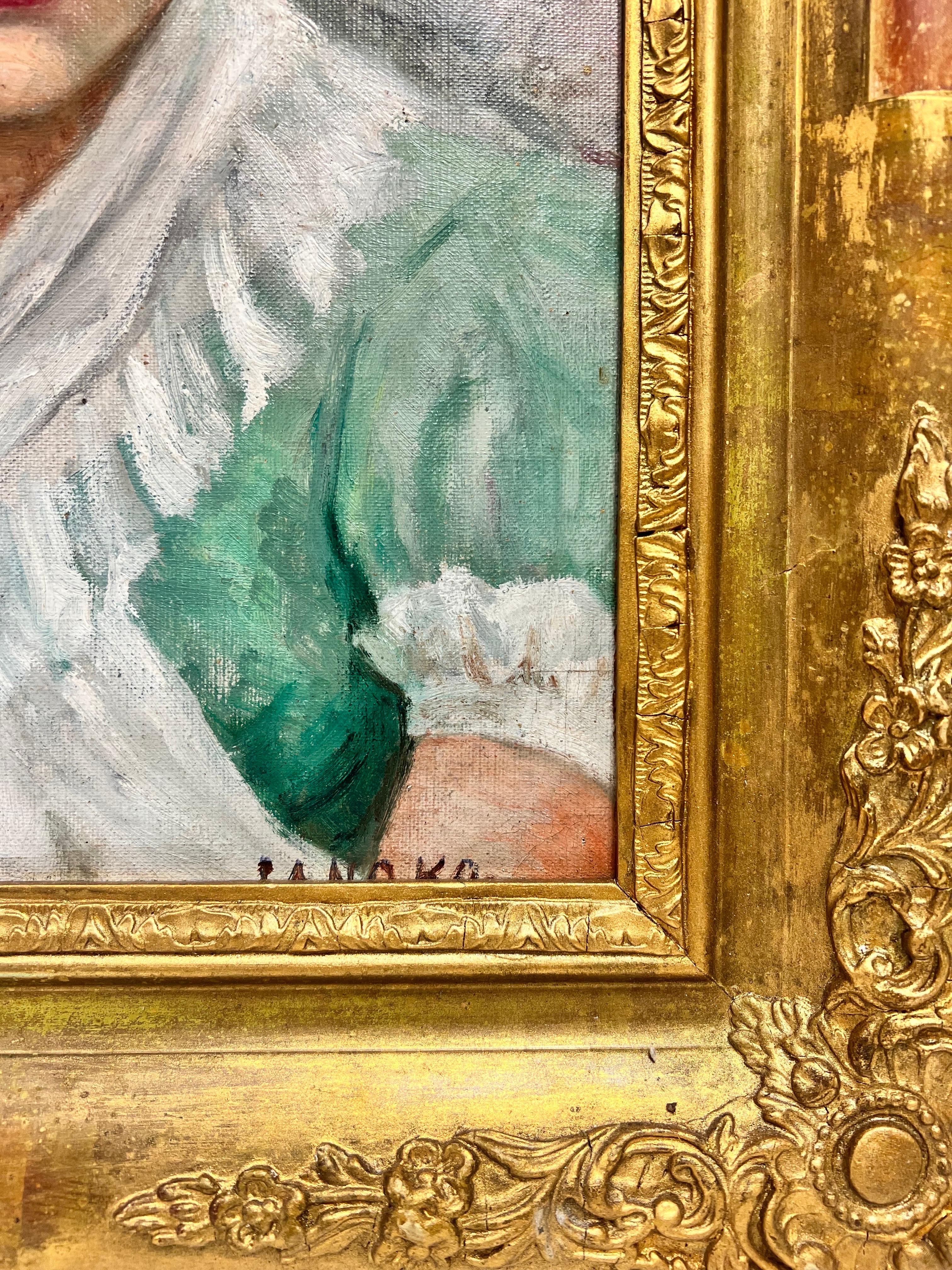 Óleo Impresionista Francés Firmado, Retrato de Joven con Vestido Turquesa Años 30 - Figurative Painting Marrón de 1930's French