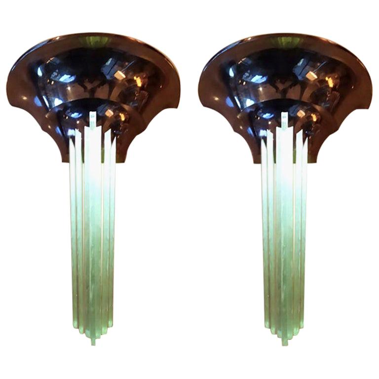 1930s French Pair of Art Deco Sconces by Jean Perzel Gobain Glass and Brass