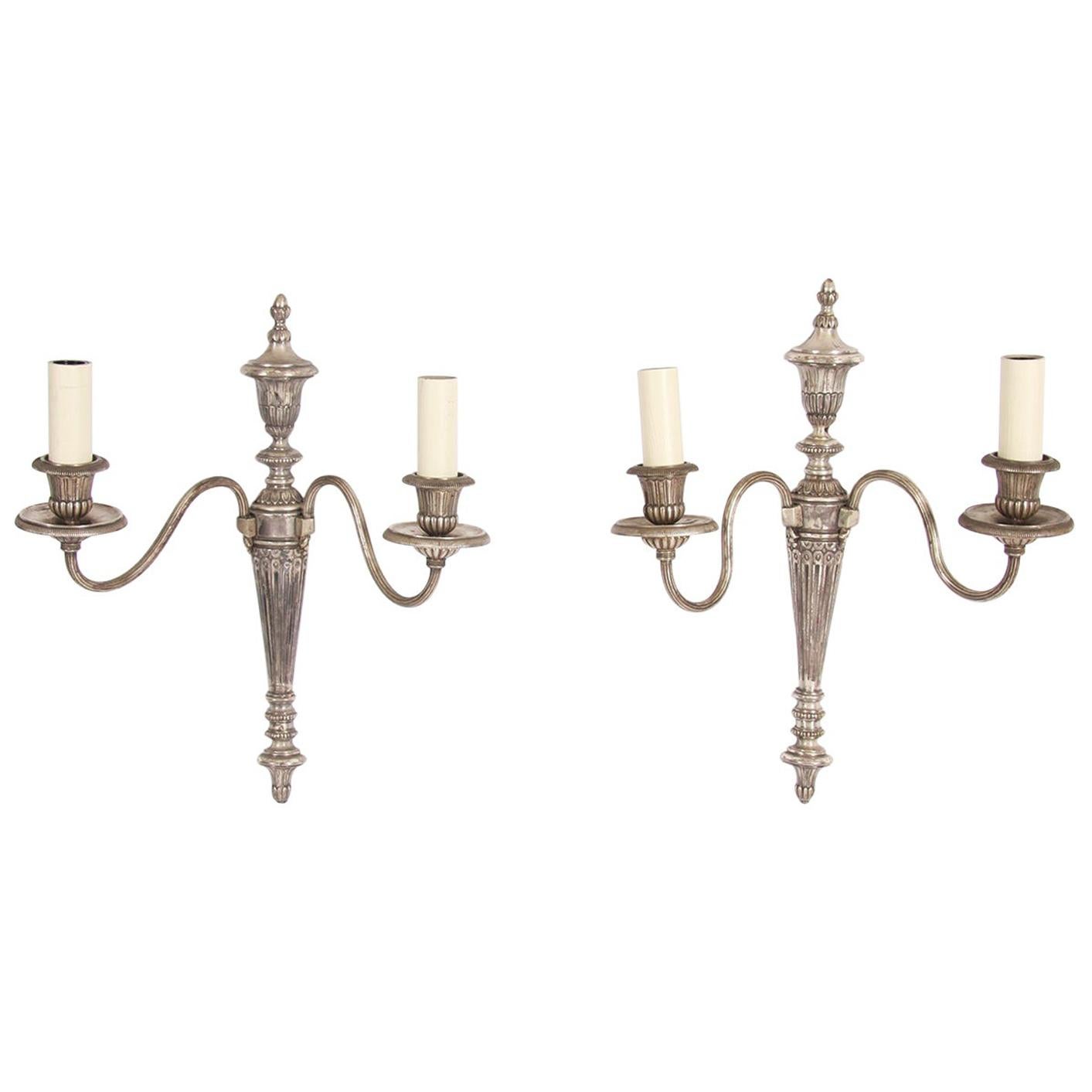1930s French Pair of Silver Plated Electric Wall Sconces For Sale