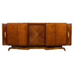 French Art Deco Sideboard, Walnut & Brass, Curved Doors, Paris, 1930s