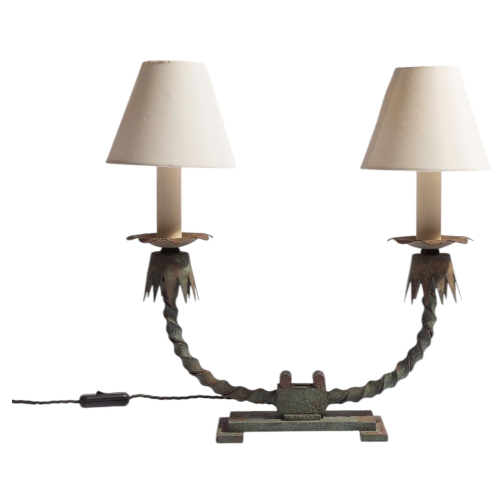 1930s French Patinated Wrought Iron Table Lamp