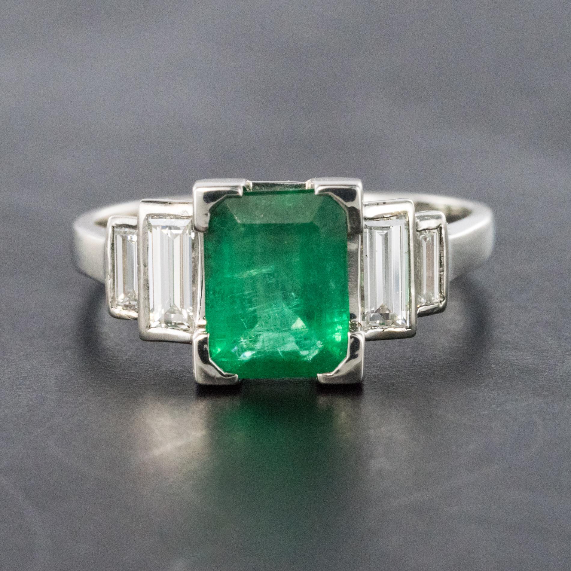 1930s French Platinum Art Deco Emerald Diamond Ring 1