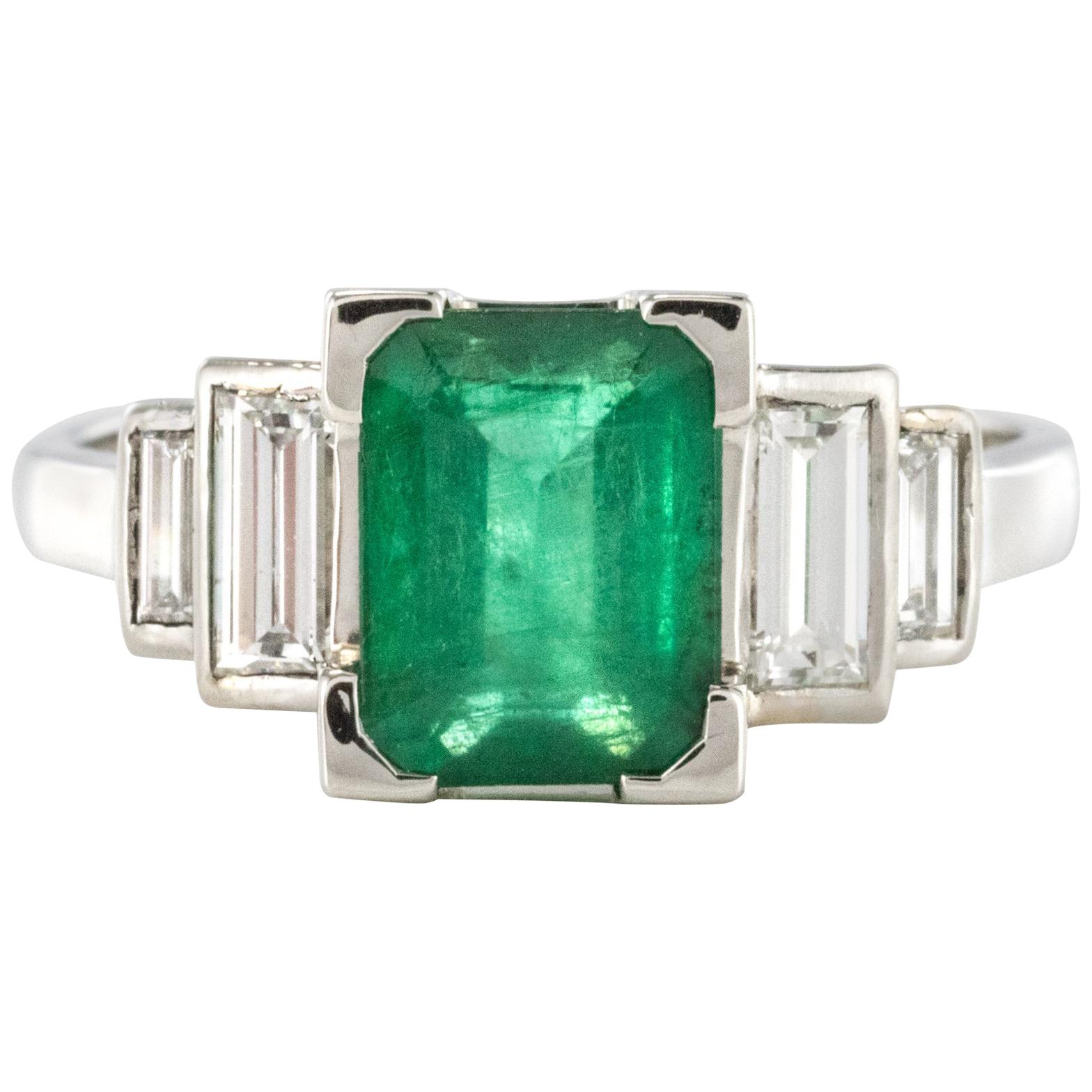 1930s French Platinum Art Deco Emerald Diamond Ring