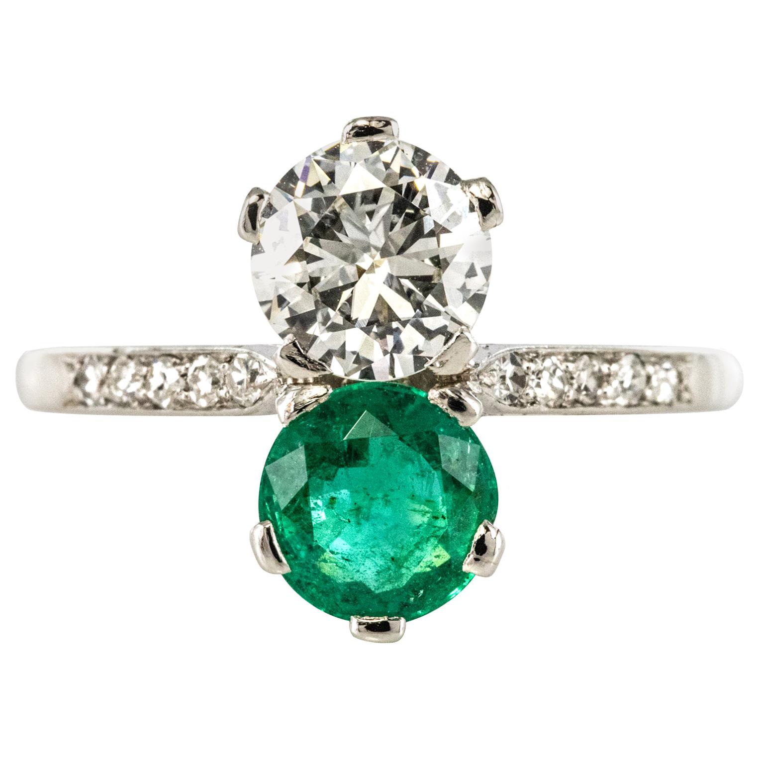 1930s French Platinum Art Deco Emerald Diamond "You and Me" Ring