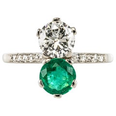 Vintage 1930s French Platinum Art Deco Emerald Diamond "You and Me" Ring