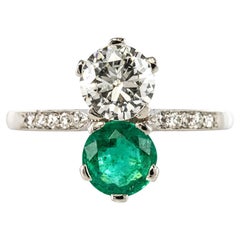 1930s French Platinum Art Deco Emerald Diamond "You and Me" Ring
