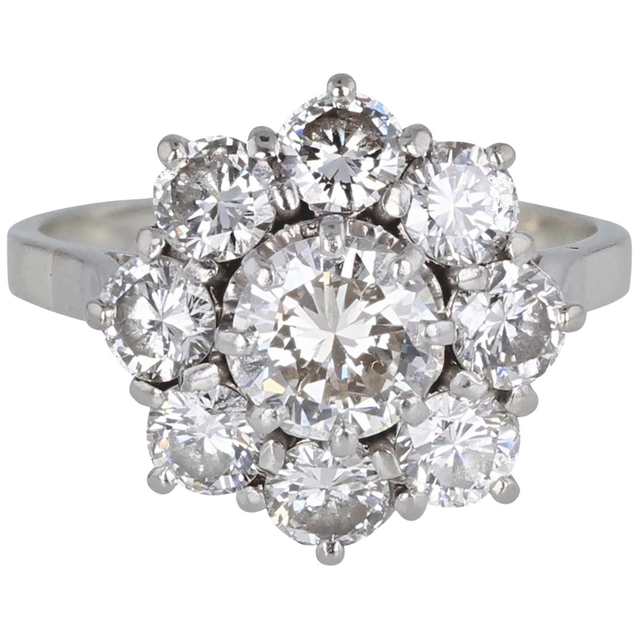 1930s French Platinum Diamond Daisy Cluster Ring For Sale