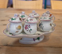 1930s French Porcelain Tasse Trembleuse Chocolate Set w/ 6 Drinking Cups & Tray