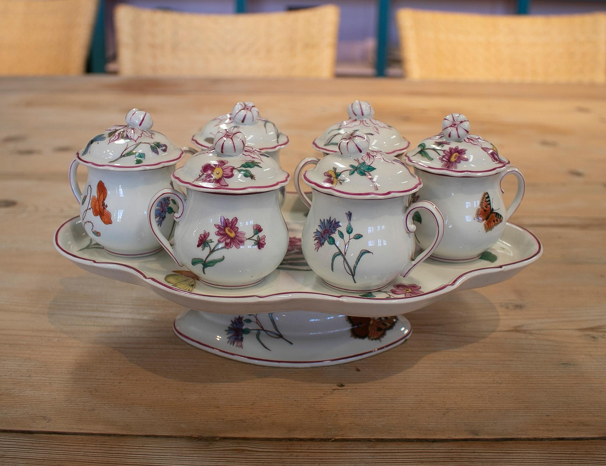 20th Century 1930s French Porcelain Tasse Trembleuse Chocolate Set w/ 6 Drinking Cups & Tray
