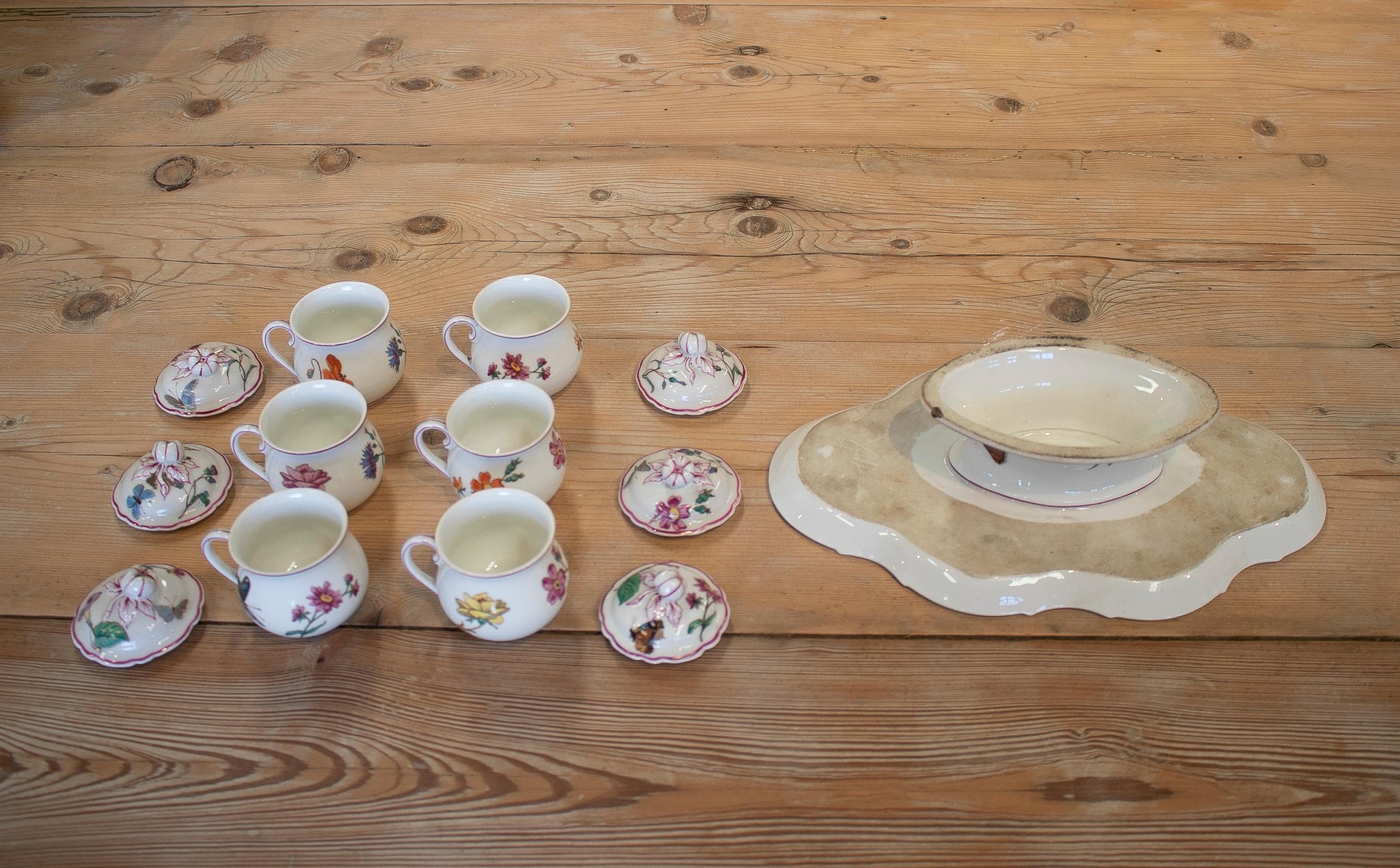 1930s French Porcelain Tasse Trembleuse Chocolate Set w/ 6 Drinking Cups & Tray 3