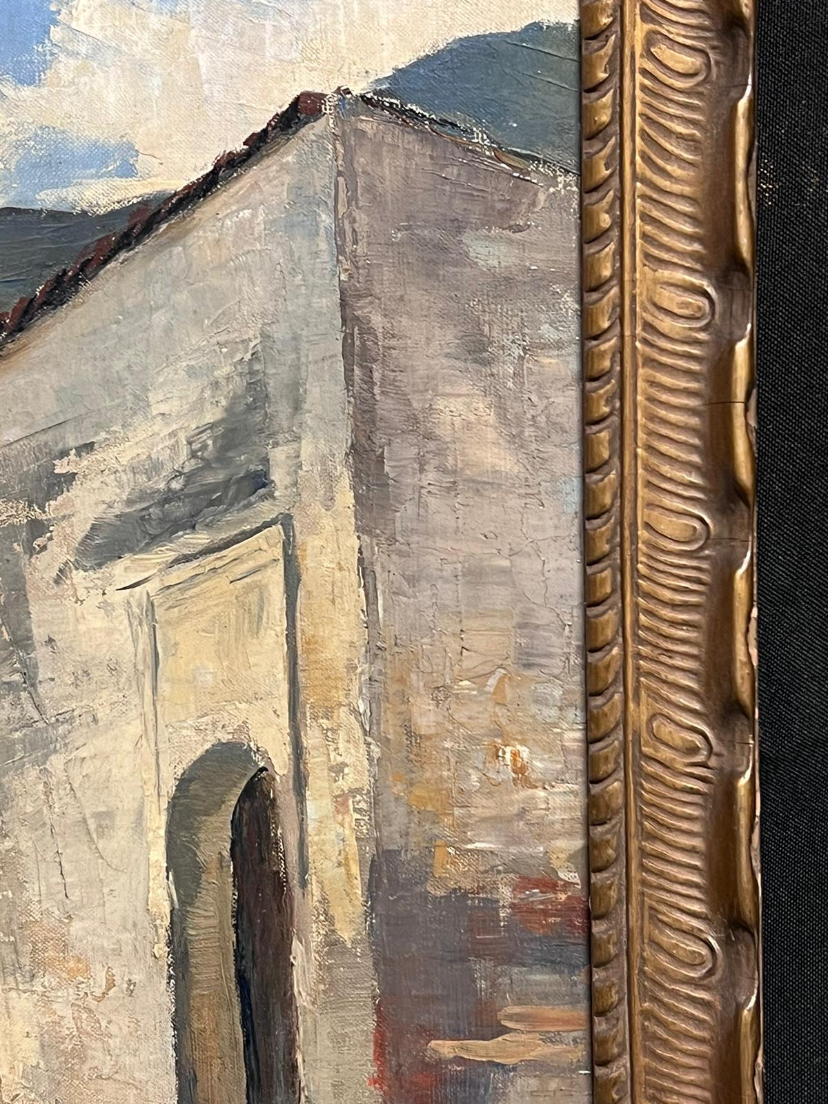 1930's Pintura al óleo impresionista francesa Sur de Francia Escena callejera Ciudad vieja - Landscape Painting Marrón de 1930's French Post Impressionist