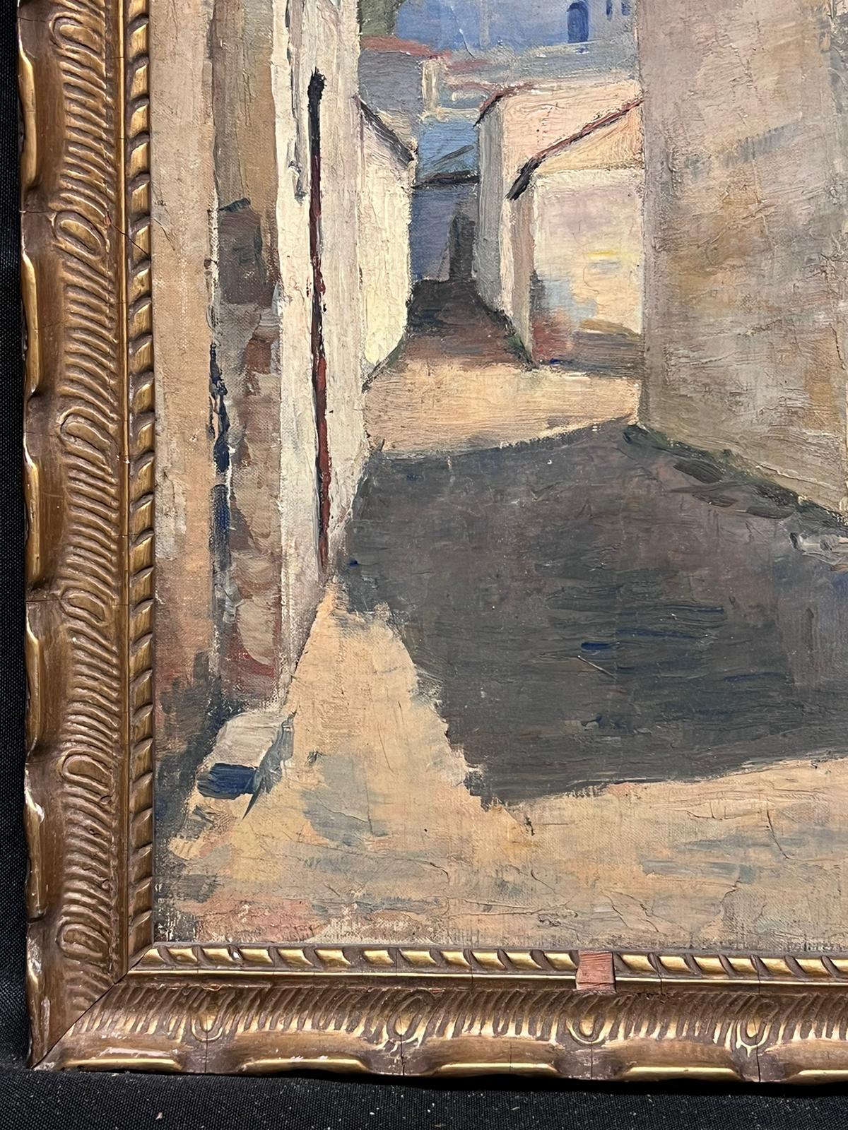 1930's Pintura al óleo impresionista francesa Sur de Francia Escena callejera Ciudad vieja 1