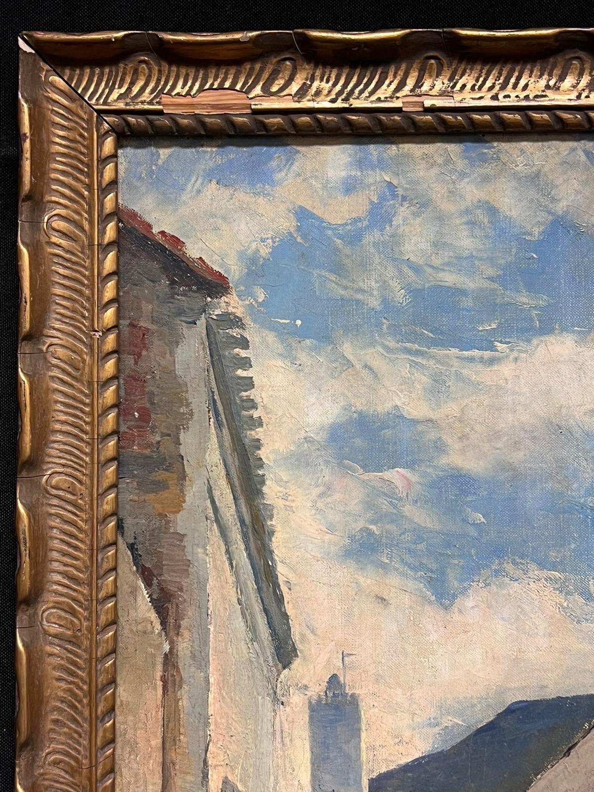 1930's Pintura al óleo impresionista francesa Sur de Francia Escena callejera Ciudad vieja 2