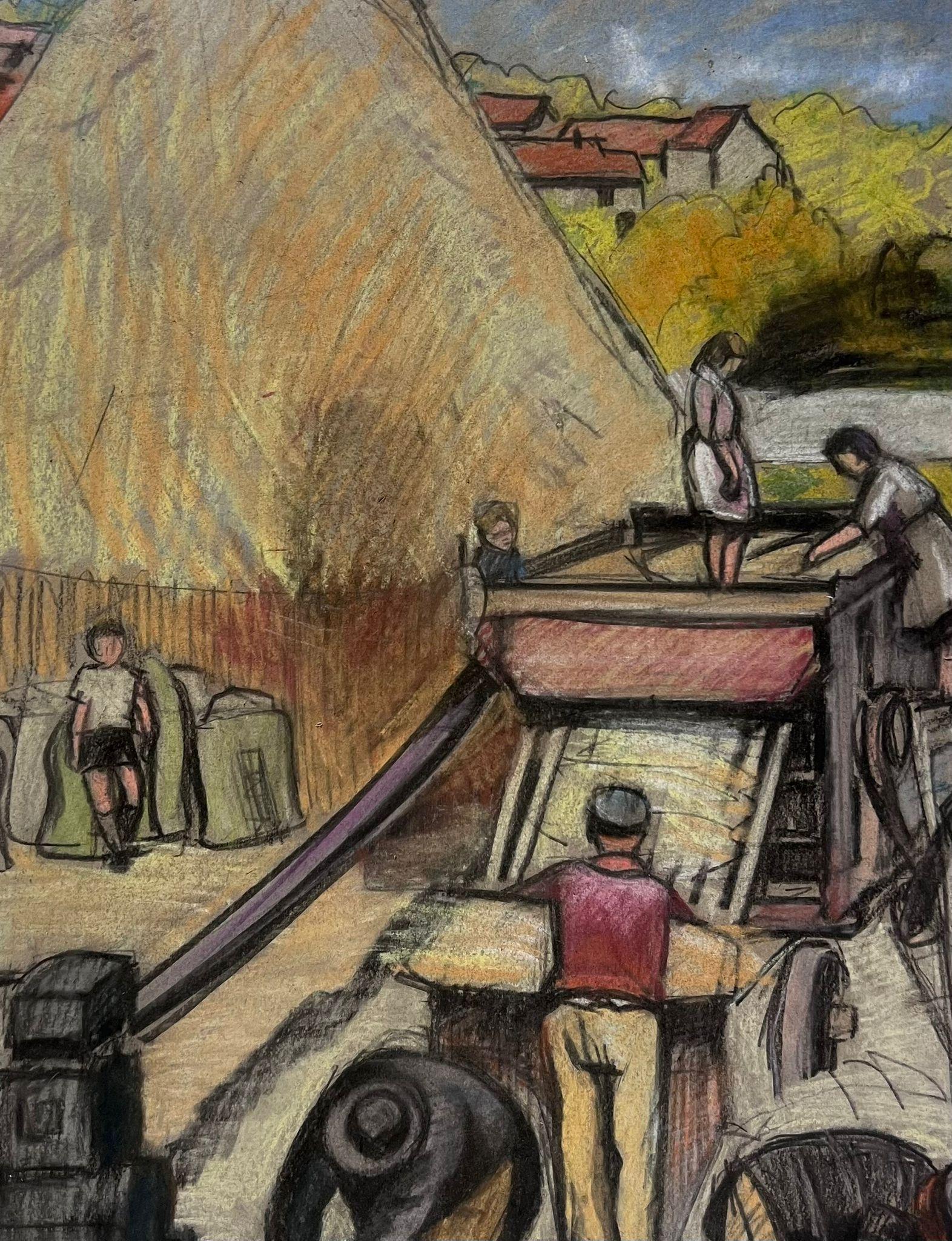 Peinture post-impressionniste française des ouvriers de la moisson brûlant la machine - Painting de 1930's French Post Impressionist