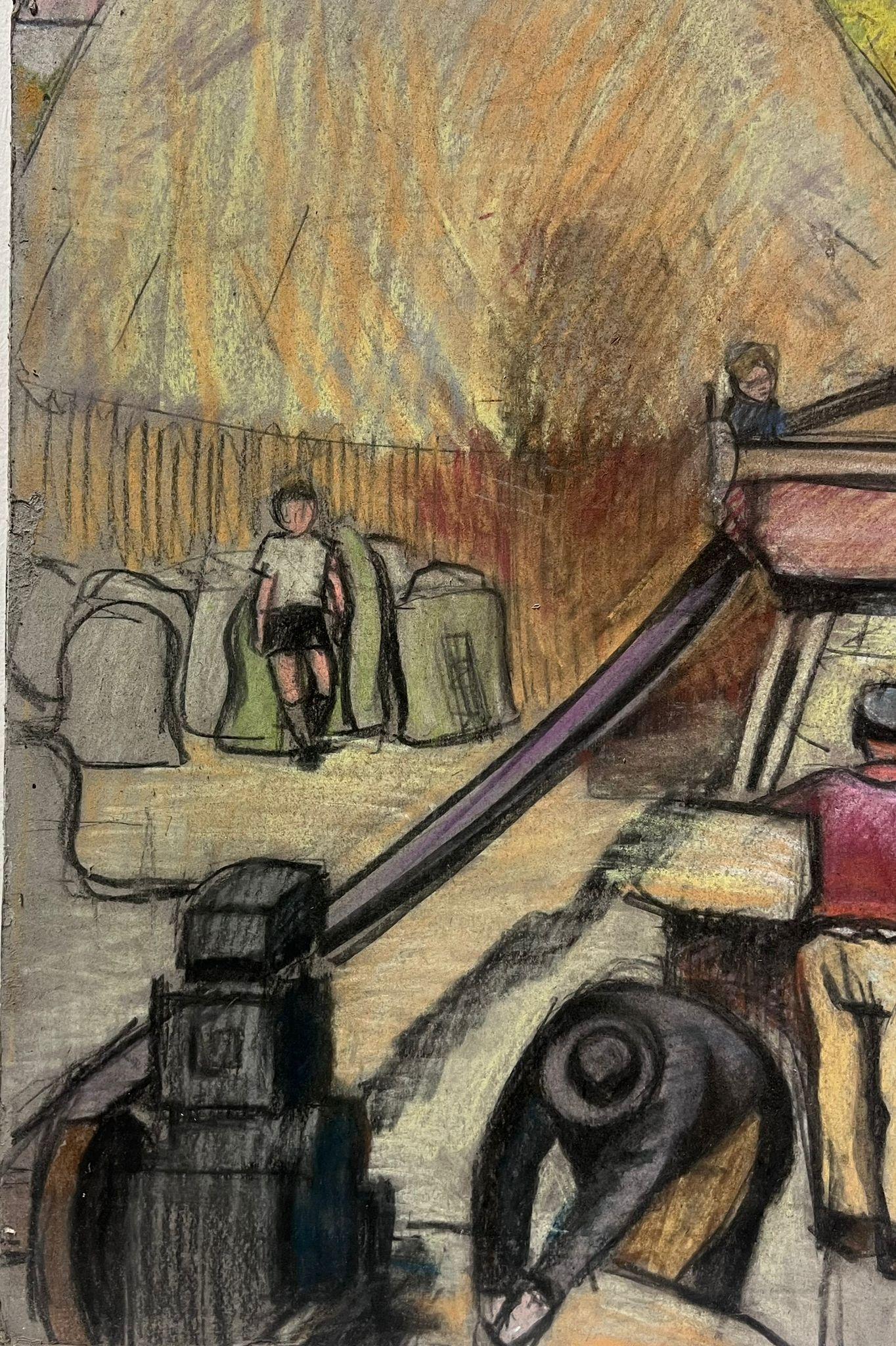 Peinture post-impressionniste française des ouvriers de la moisson brûlant la machine - Post-impressionnisme Painting par 1930's French Post Impressionist
