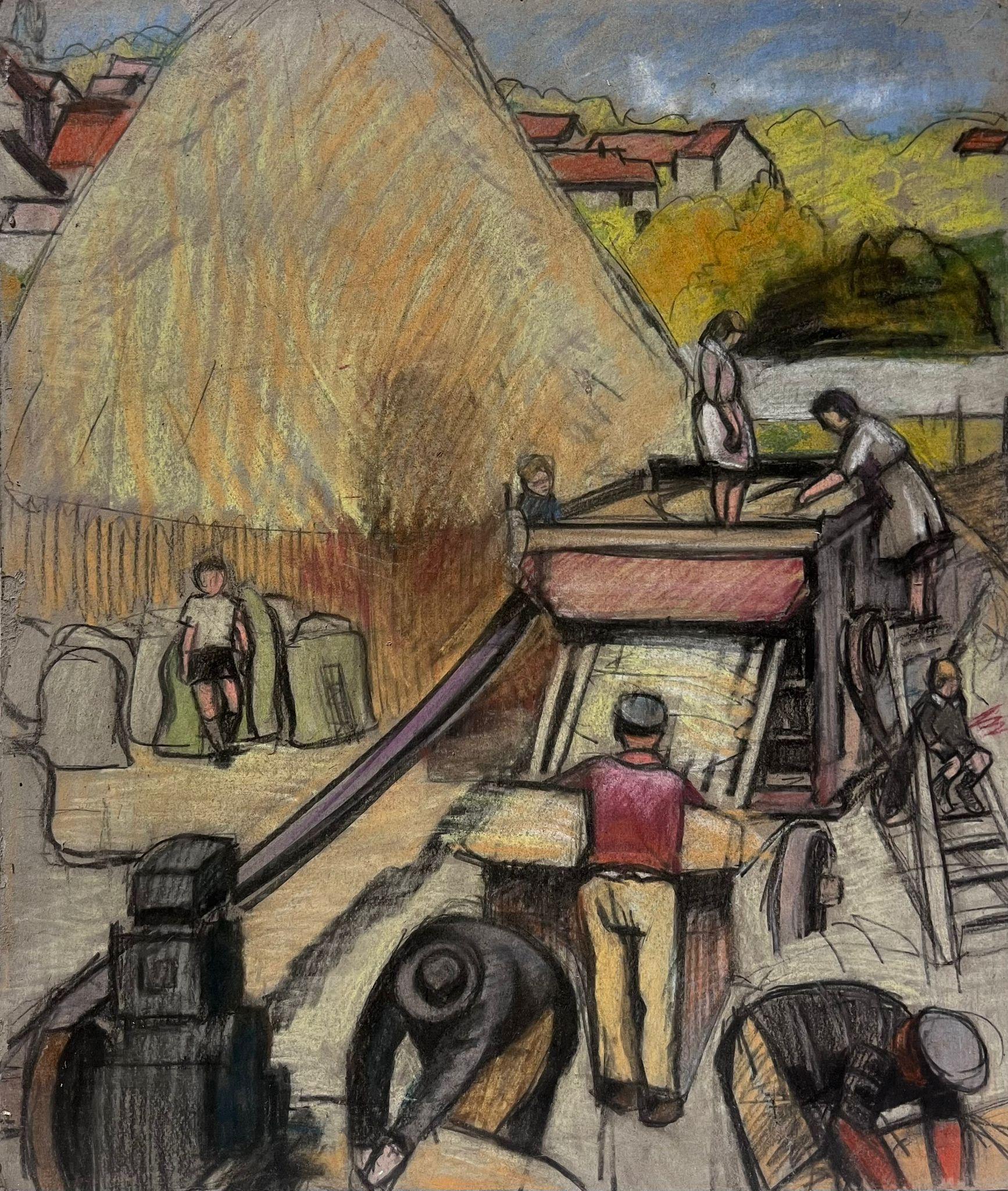 1930's French Post Impressionist Figurative Painting - Harvest Workers Threshing Machine French Post Impressionist Painting