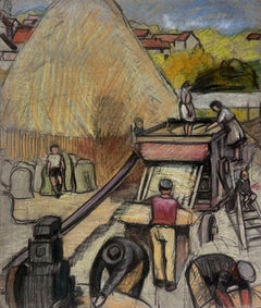 Peinture post-impressionniste française des ouvriers de la moisson brûlant la machine