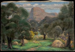 Large Antique French Post-Impressionist Signed Oil Provencal Rocky Valley Green