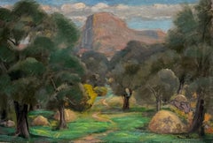 Large Antique French Post-Impressionist Signed Oil Provencal Rocky Valley Green