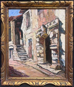 Old Provencal Street Scene Arched Stone Doorway Signed French oil 