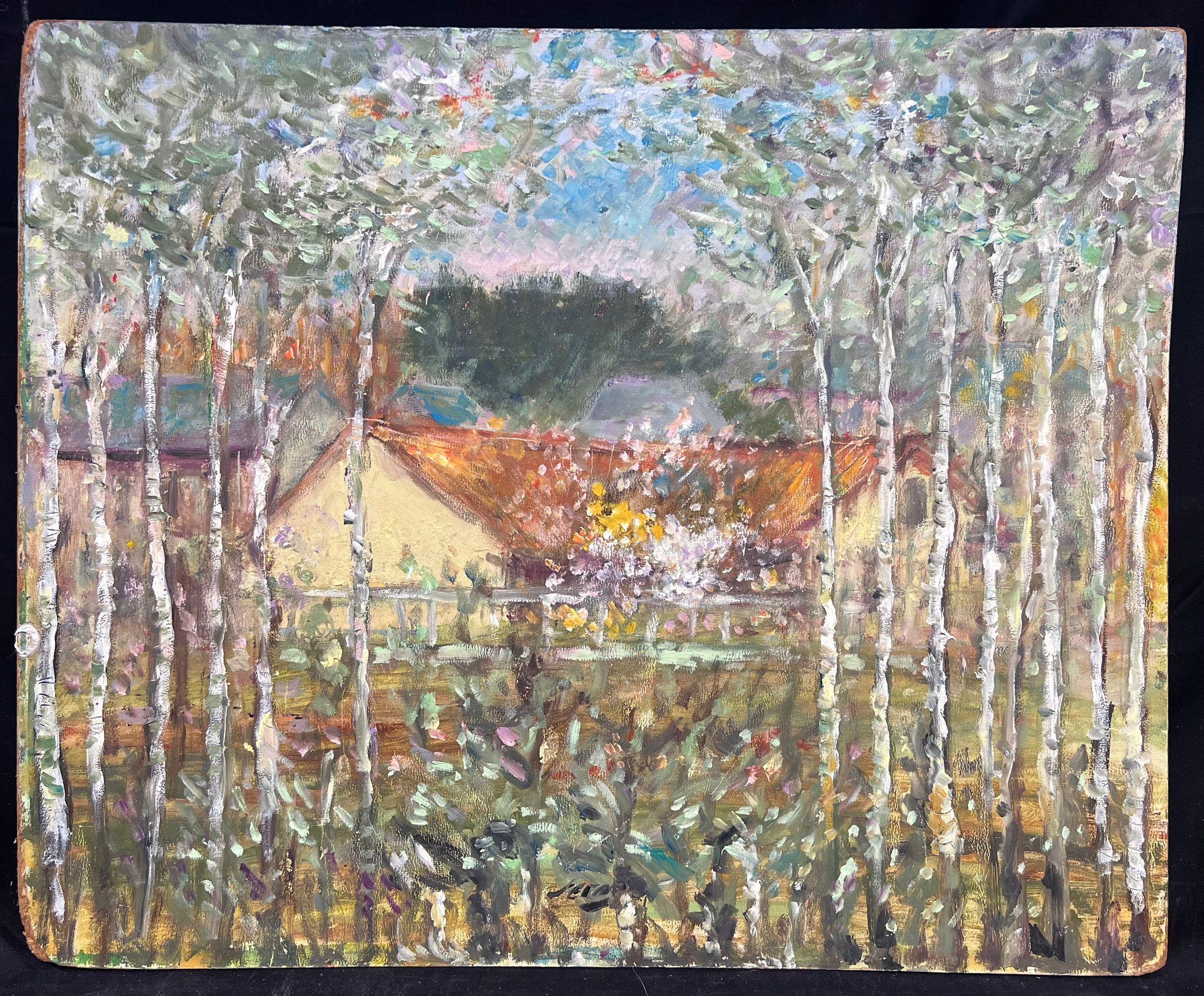 Peinture à l'huile post-impressionniste française d'une scène de village en bouleau argenté - Painting de 1930's French Post-Impressionist