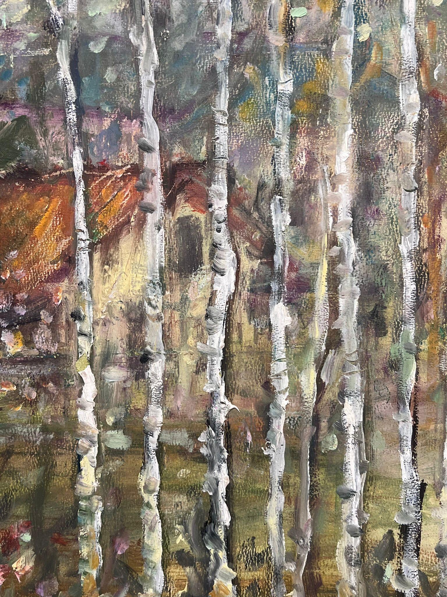 Peinture à l'huile post-impressionniste française d'une scène de village en bouleau argenté - Post-impressionnisme Painting par 1930's French Post-Impressionist