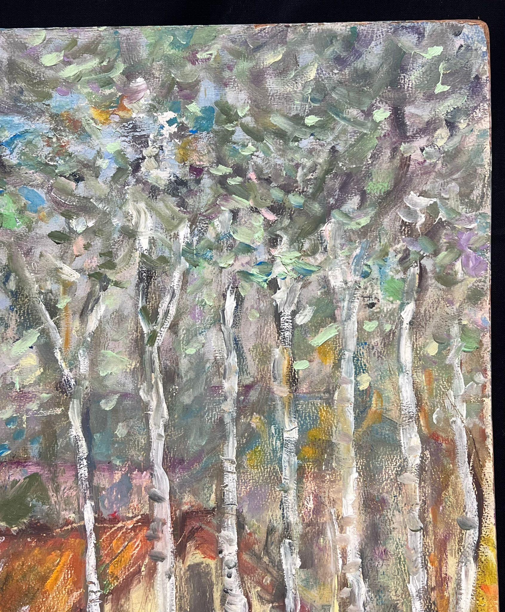 Peinture à l'huile post-impressionniste française d'une scène de village en bouleau argenté - Argent Landscape Painting par 1930's French Post-Impressionist