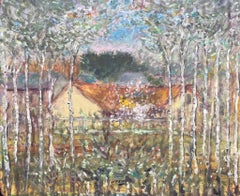 French Post Impressionist Village Scene Silver Birch Trees Vibrant Oil Painting