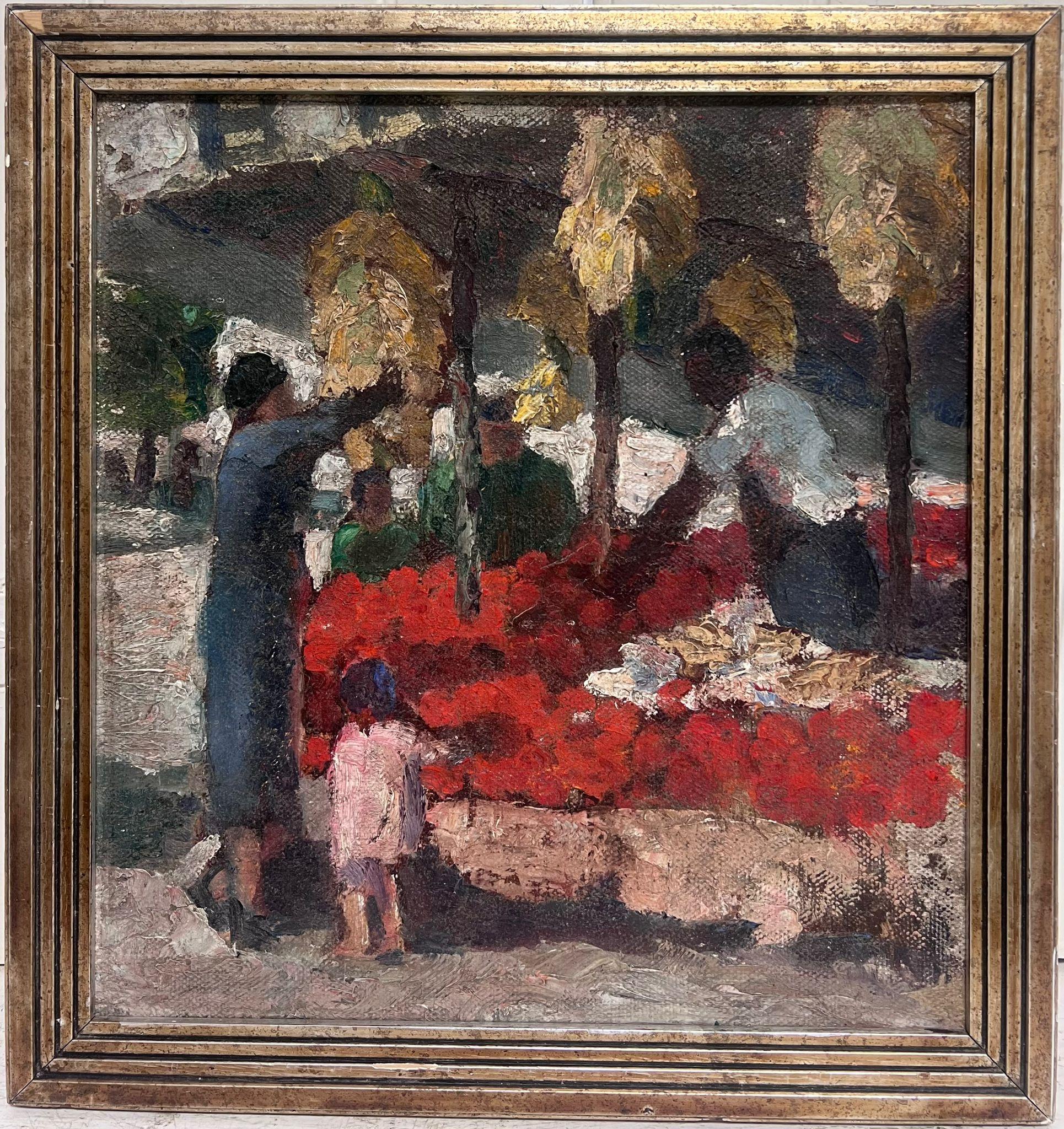 Magnífico óleo postimpresionista francés de 1930 El mercado de las flores, París - Painting de 1930's French Post-Impressionist