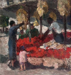Magnífico óleo postimpresionista francés de 1930 El mercado de las flores, París