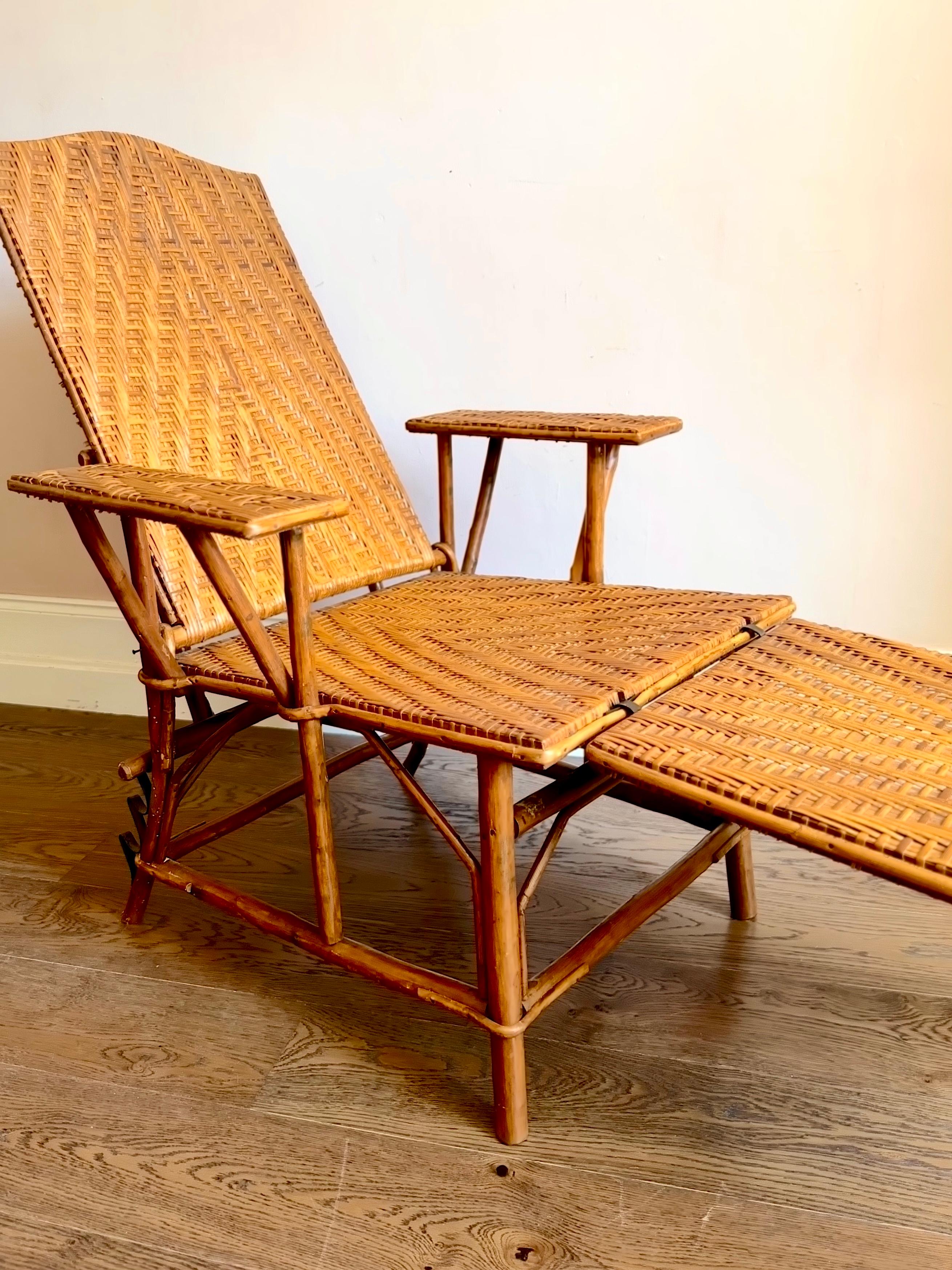 Art Deco 1930s French Rattan & Wood Chaise Longue Sun Lounger