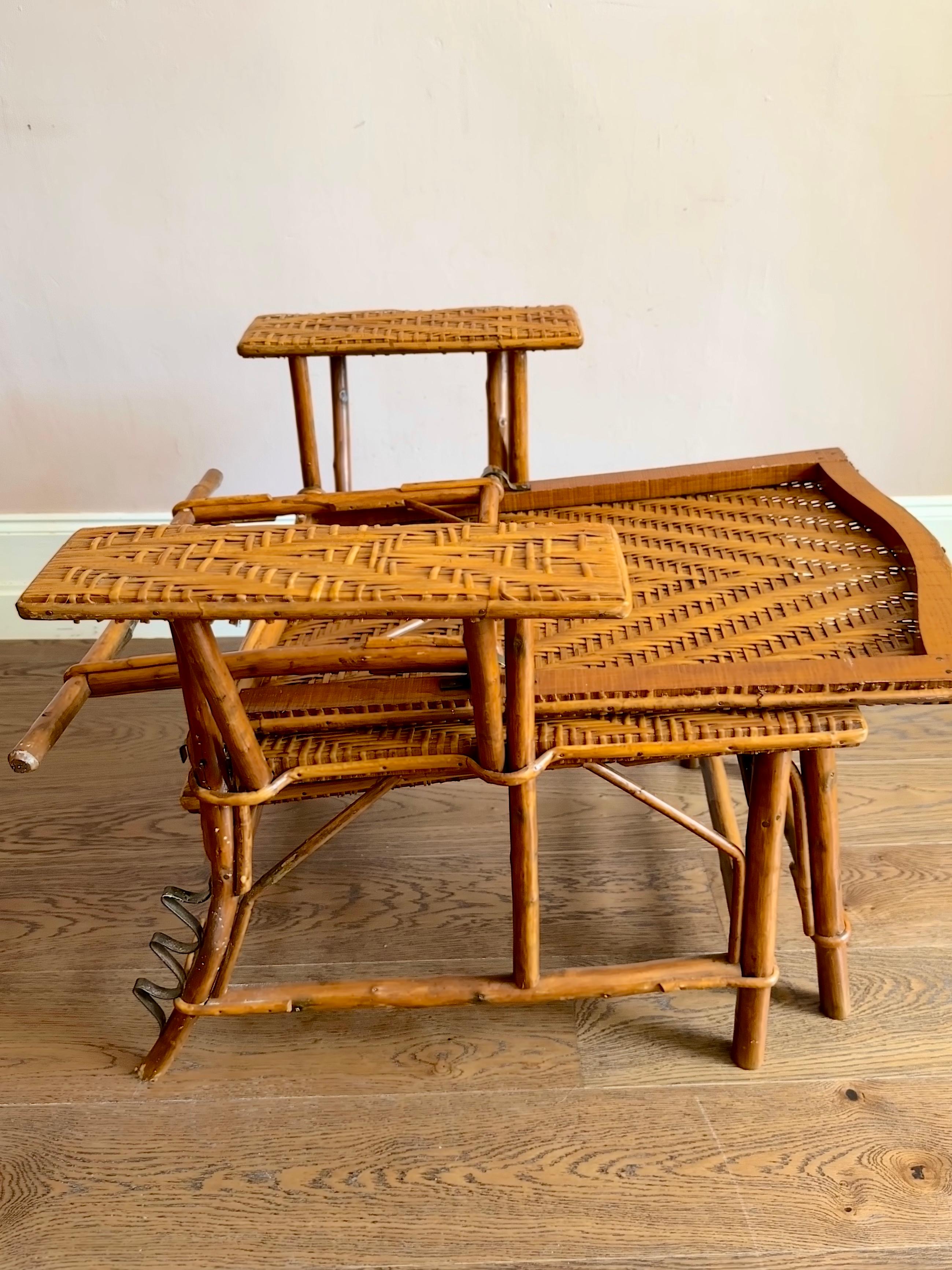 1930s French Rattan & Wood Chaise Longue Sun Lounger 1