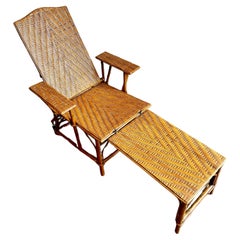 Antique 1930s French Rattan & Wood Chaise Longue Sun Lounger
