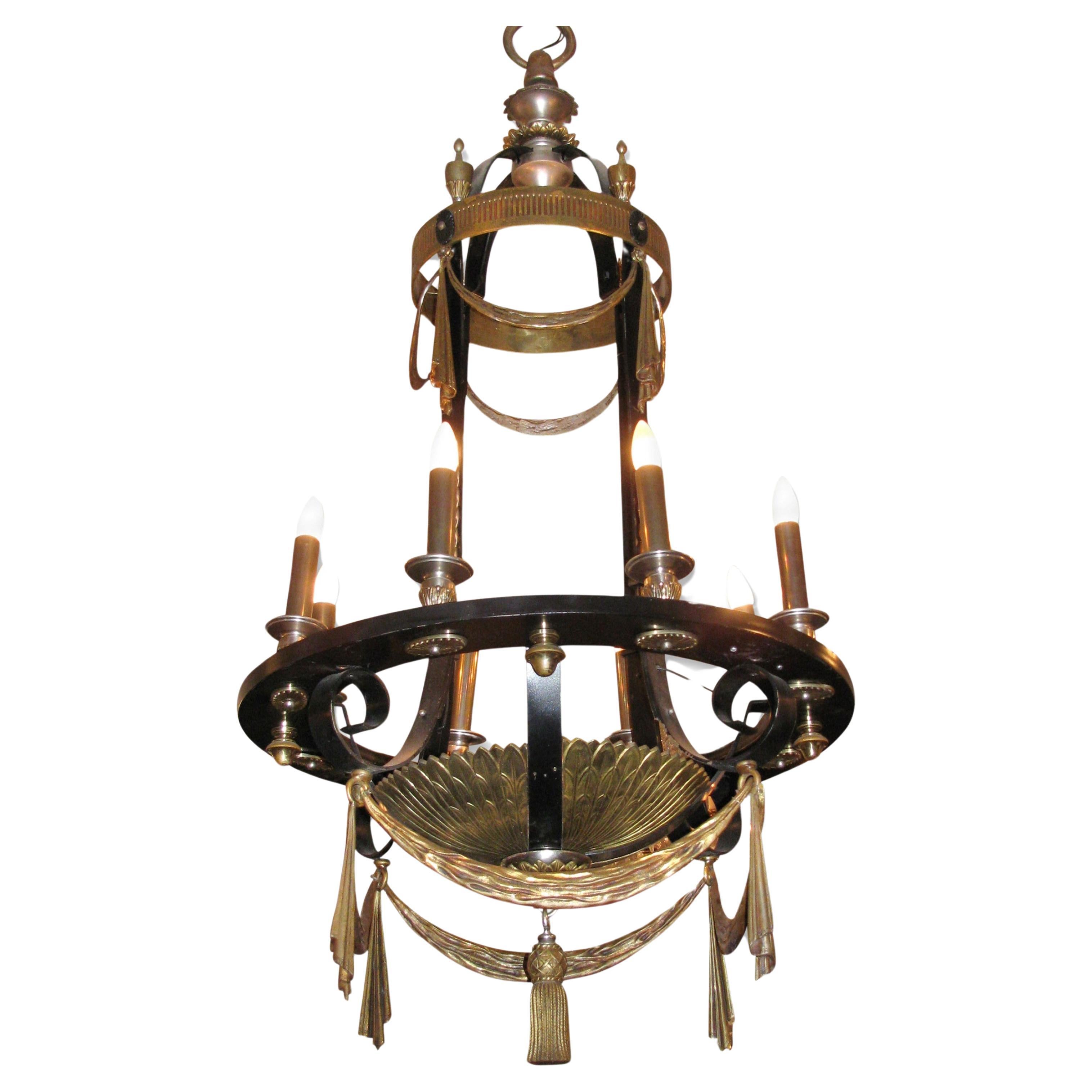 Large scale French Regency Caldwell steel and bronze eight arm fixture reclaimed from the Old Stone Bank in Providence, RI. Cleaned and restored. The price includes restoration of cleaning and rewiring. Please note, this item is located in one of
