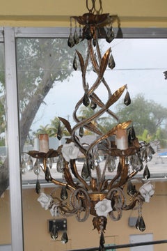 1930s French Regency Porcelain & Gilt Flower Crystal Beaded Chandelier - Bagues