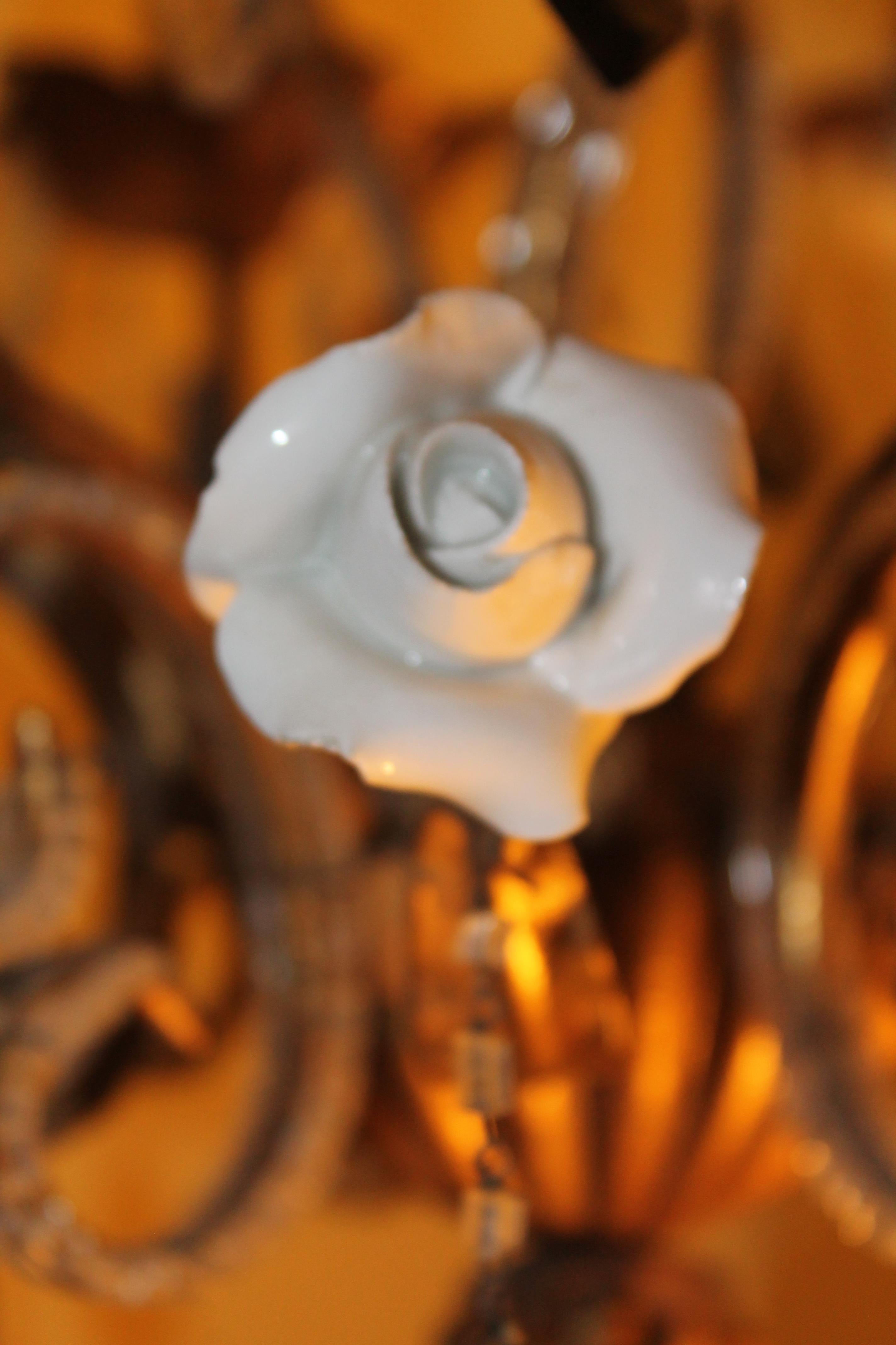 1930s French Regency Porcelain & Gilt Flower Crystal Beaded Chandelier - Bagues For Sale 1