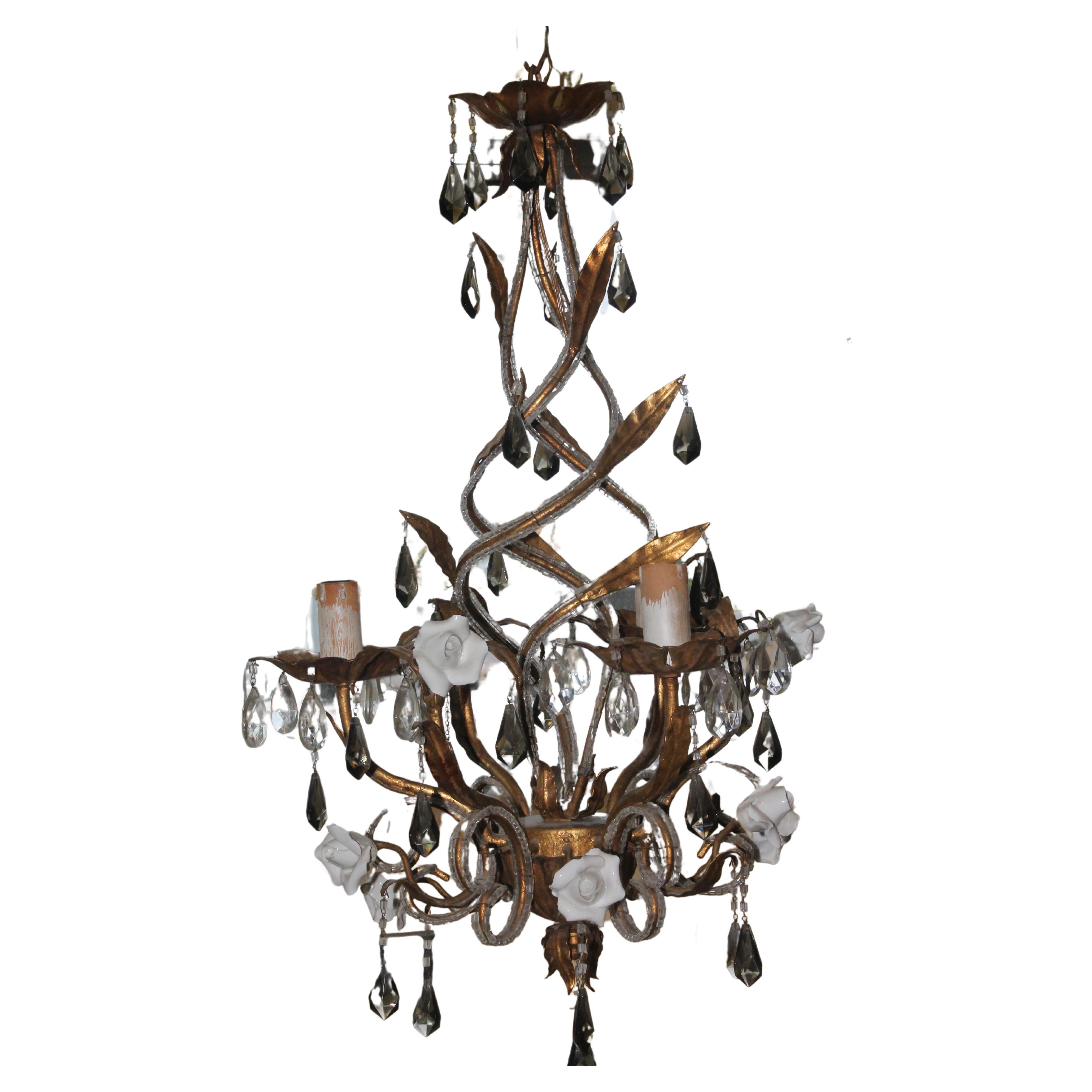 1930s French Regency Porcelain & Gilt Flower Crystal Beaded Chandelier - Bagues For Sale