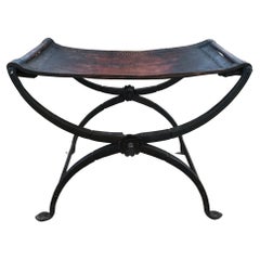 1930s French Renaissance Curule Stool Hand Forged Iron Saddle Leather France