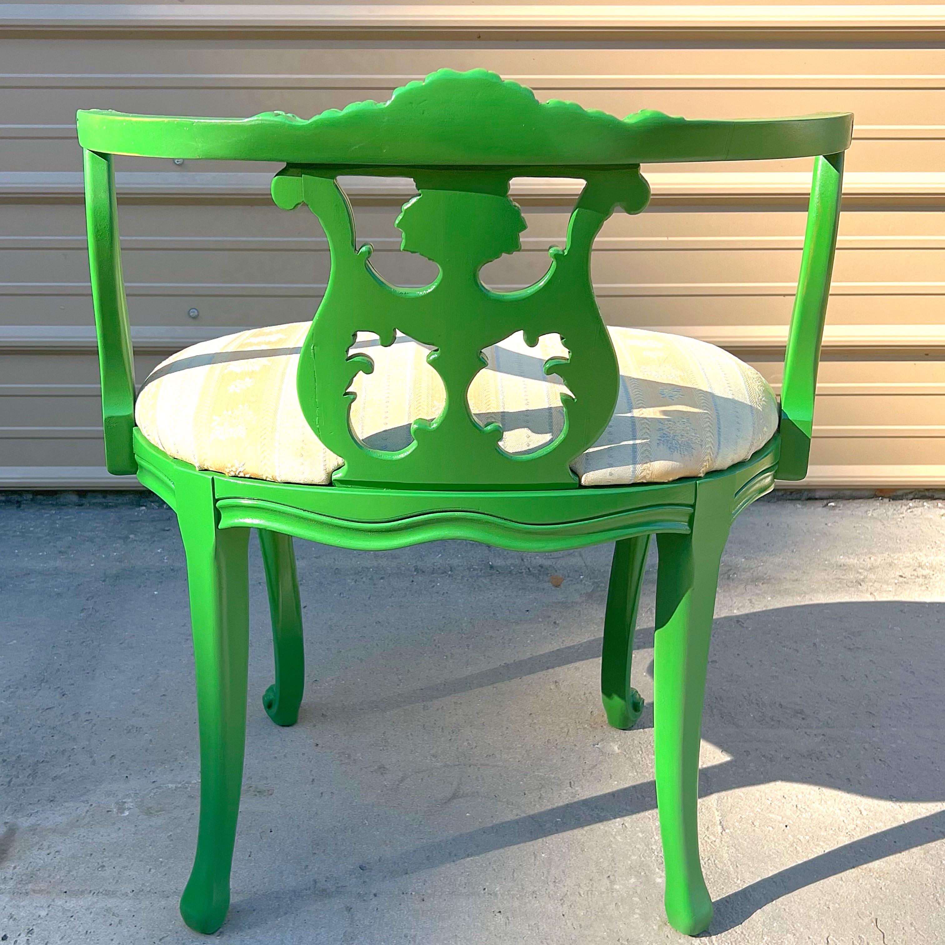 1930’s French Rococo Louis XV Style Lacquered Green Vanity Stool For Sale 3