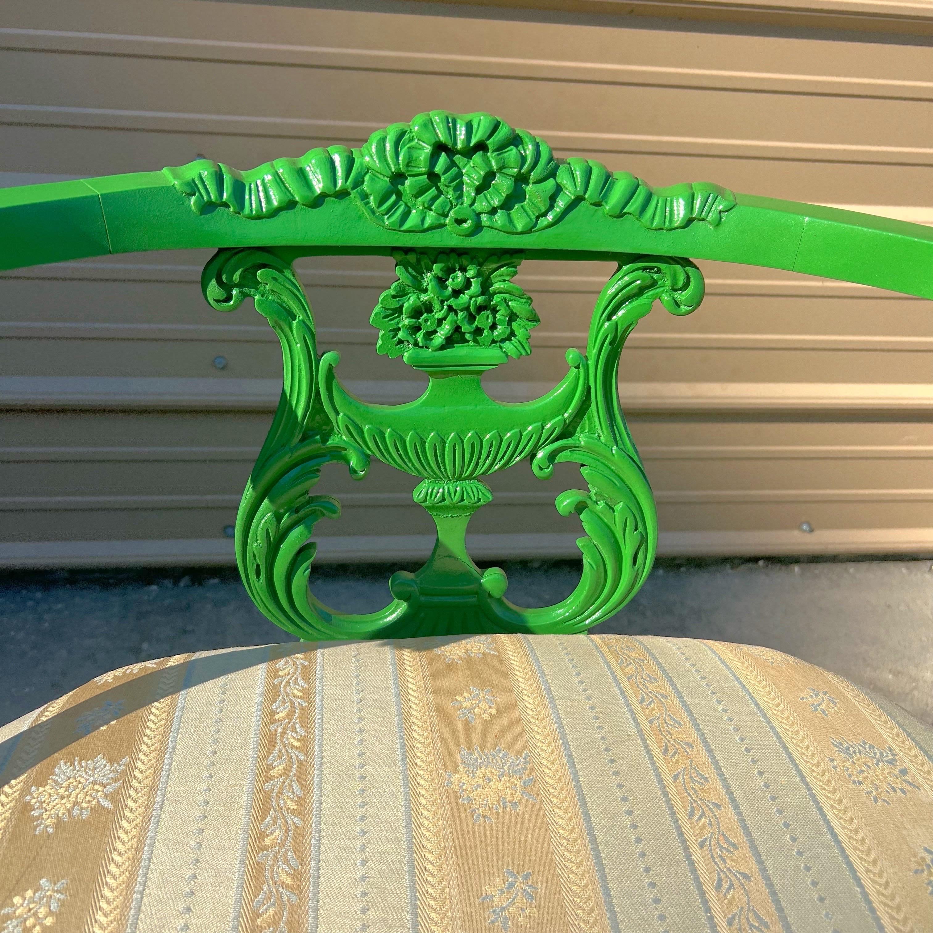 1930’s French Rococo Louis XV Style Lacquered Green Vanity Stool A beautiful 1930’s vanity stool that has been lacquered in “Danish Lawn” by Farrow and Ball.  The finish is a gloss to highlight the intricate wood carving details on this piece.  This