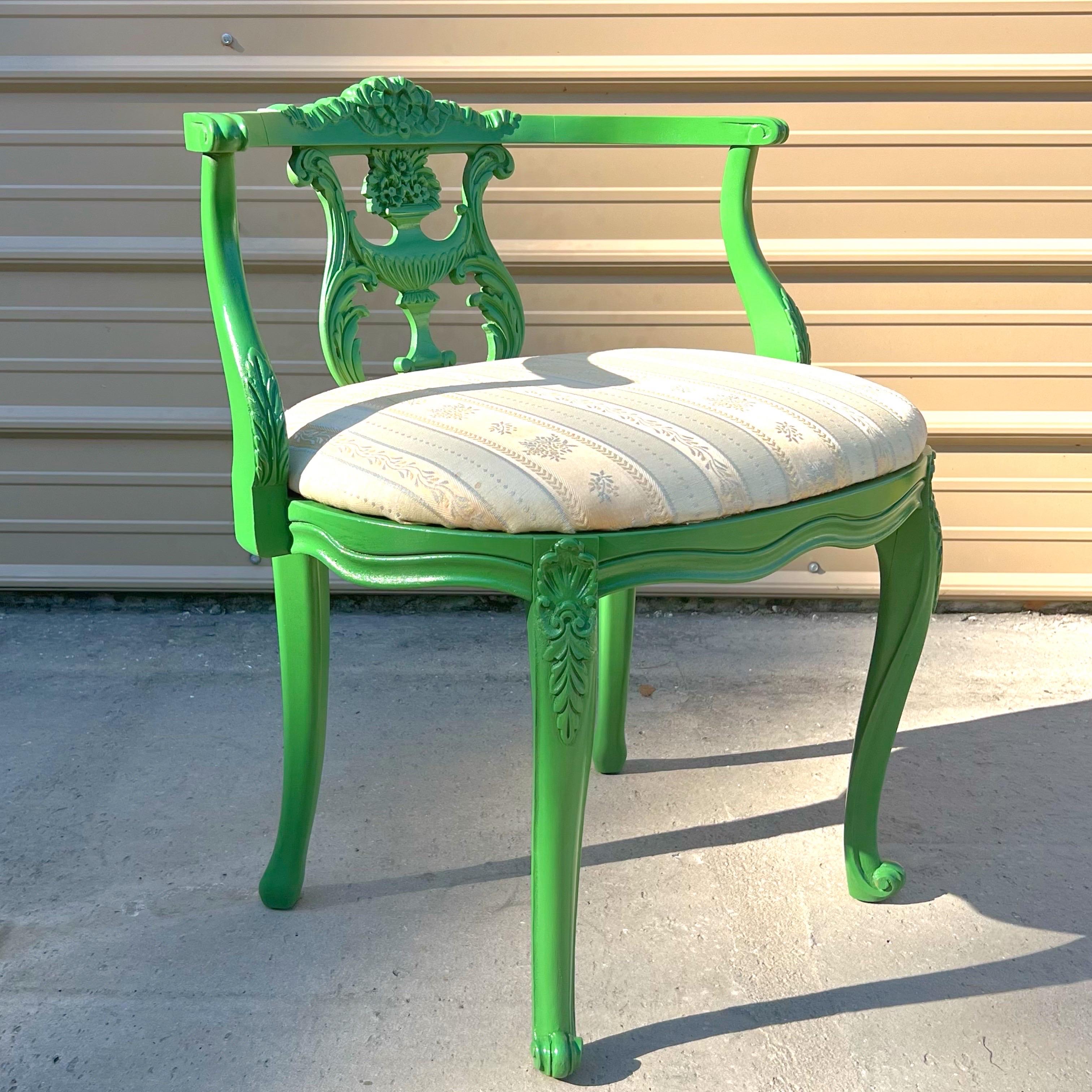 Upholstery 1930’s French Rococo Louis XV Style Lacquered Green Vanity Stool For Sale