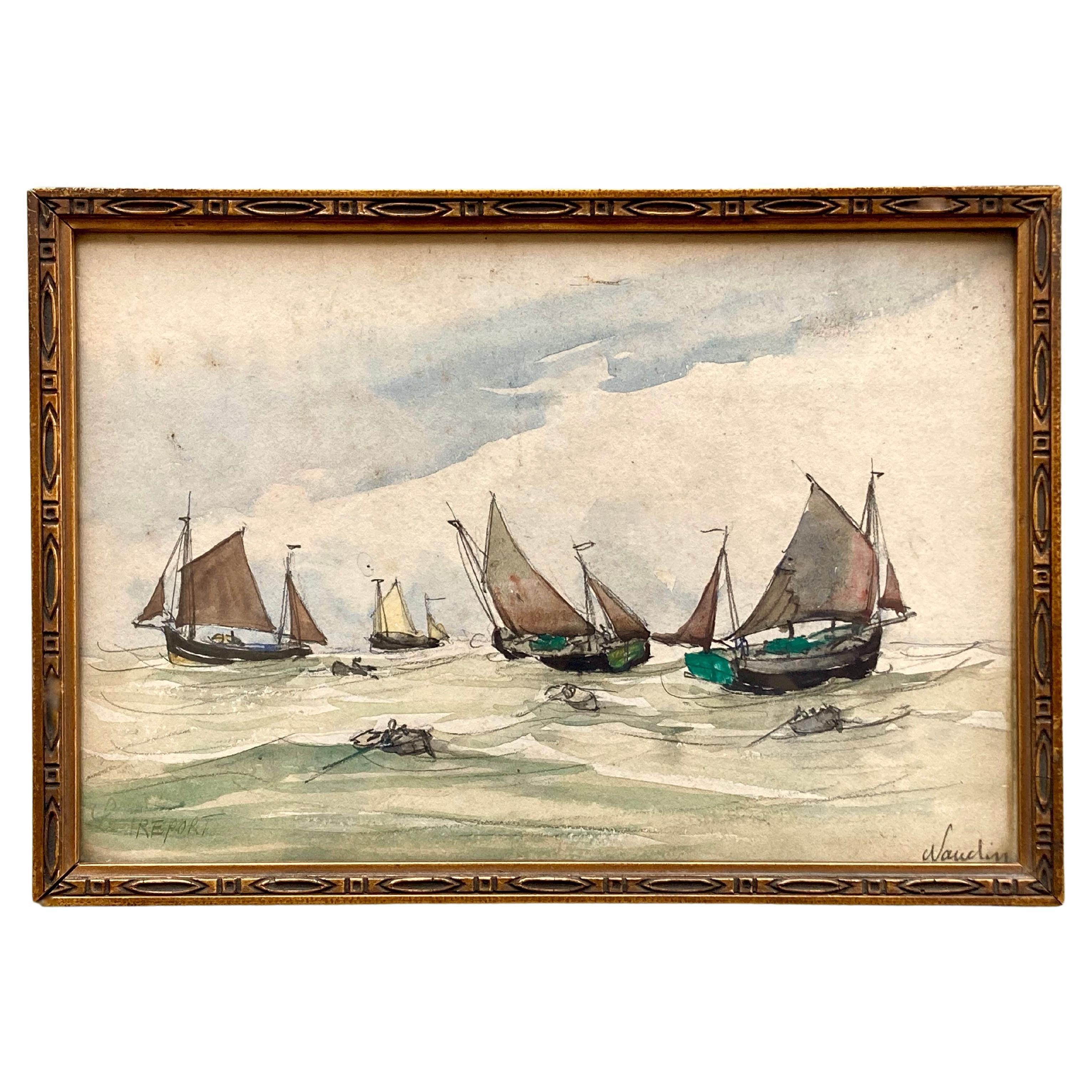 Paysage marin français des années 1930 à l'aquarelle par Frank William Boggs "William Williams, Naudin". en vente
