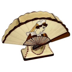 1930s French Signed Henriot Quimper Faience Yellow Fan Breton Man Woman Decor