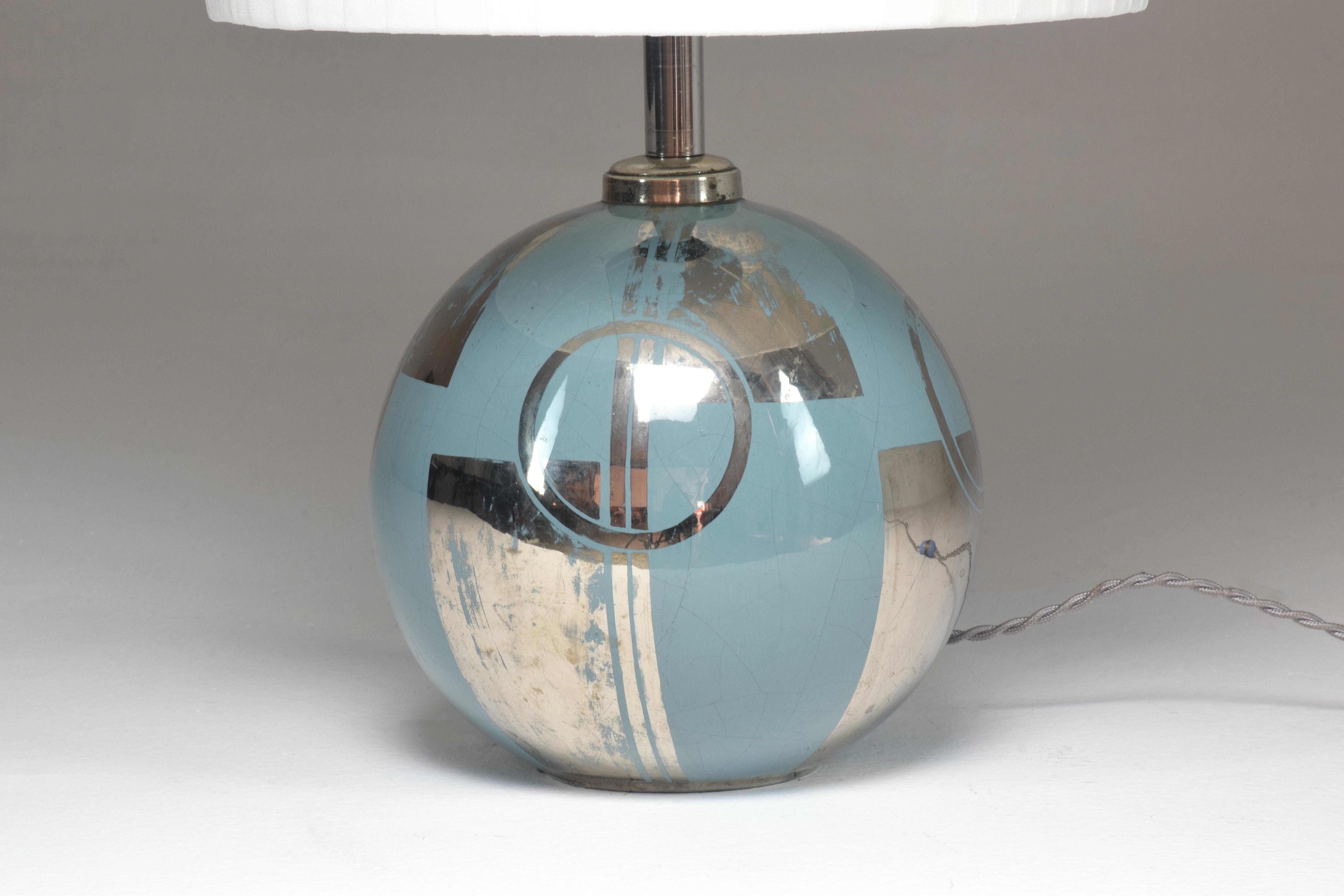 1930's French Silver Ceramic Hand-Painted Table Lamp 1