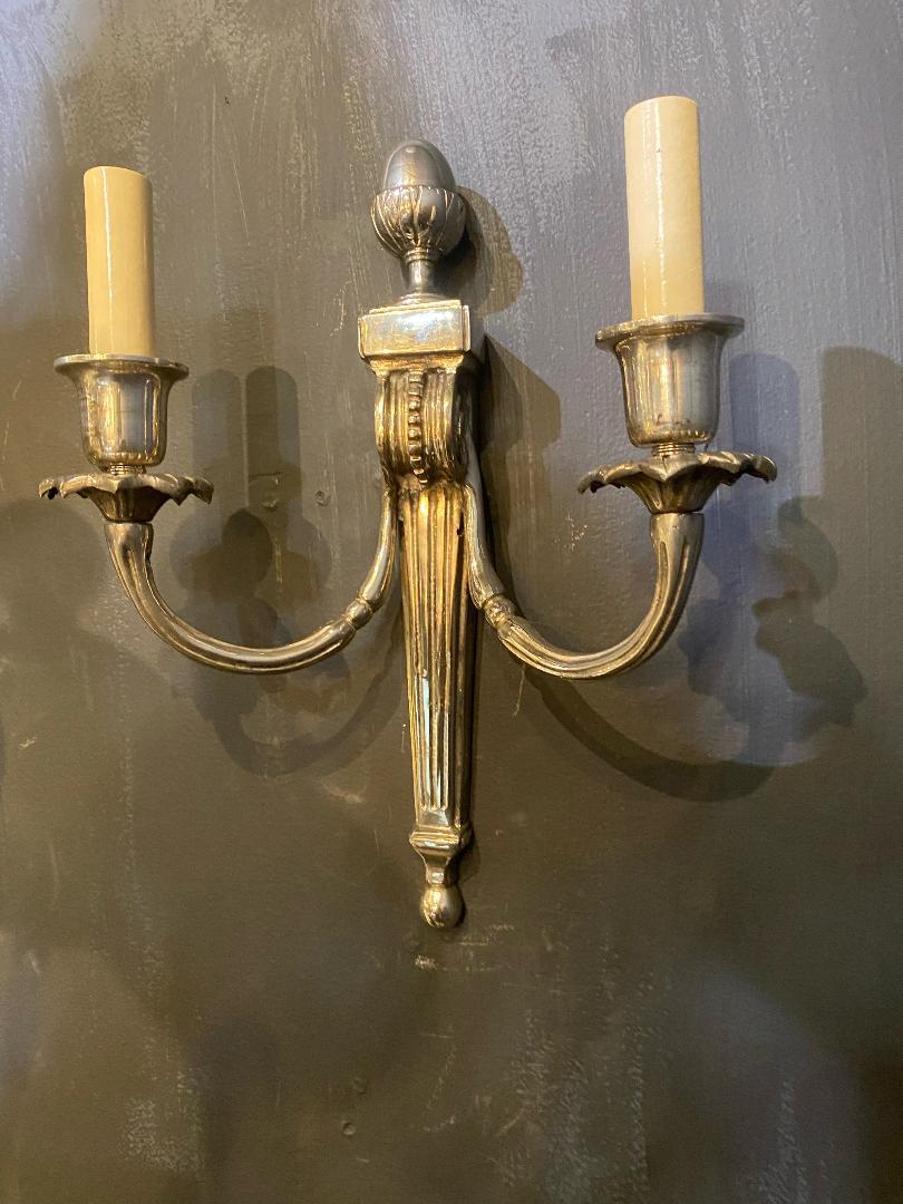 Louis XVI 1930's French Silver Plate Bronze Sconces For Sale