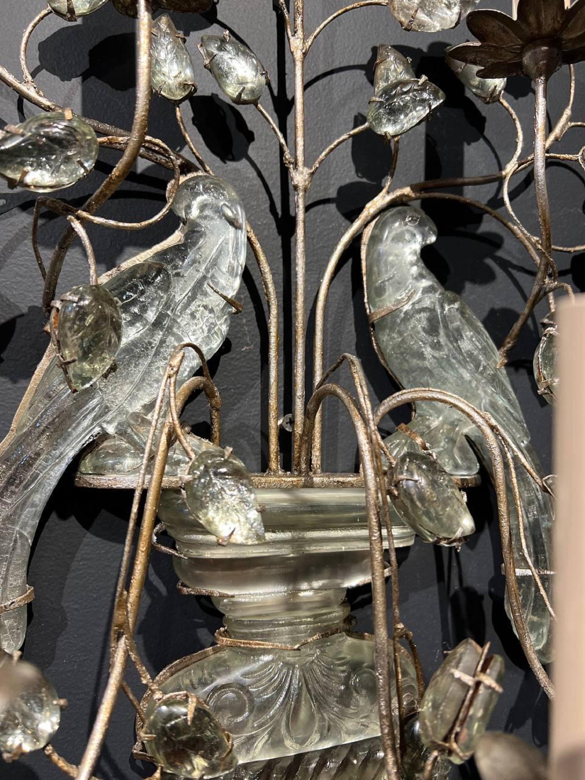 A pair of circa 1930's French silver plated and crystal birds 5 lights sconces 