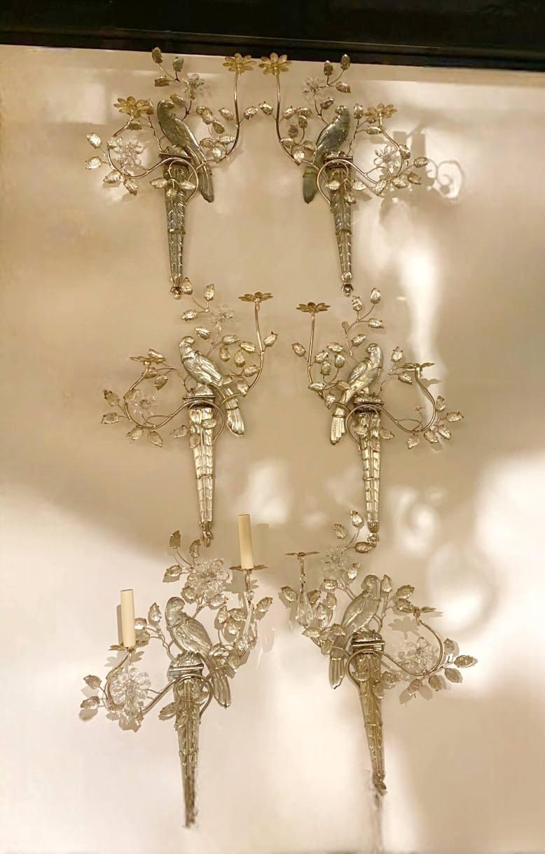 A circa 1930's French Bagues crystal bird and silver plated metal sconces with 2 lights. Available 4 pairs, price per pair