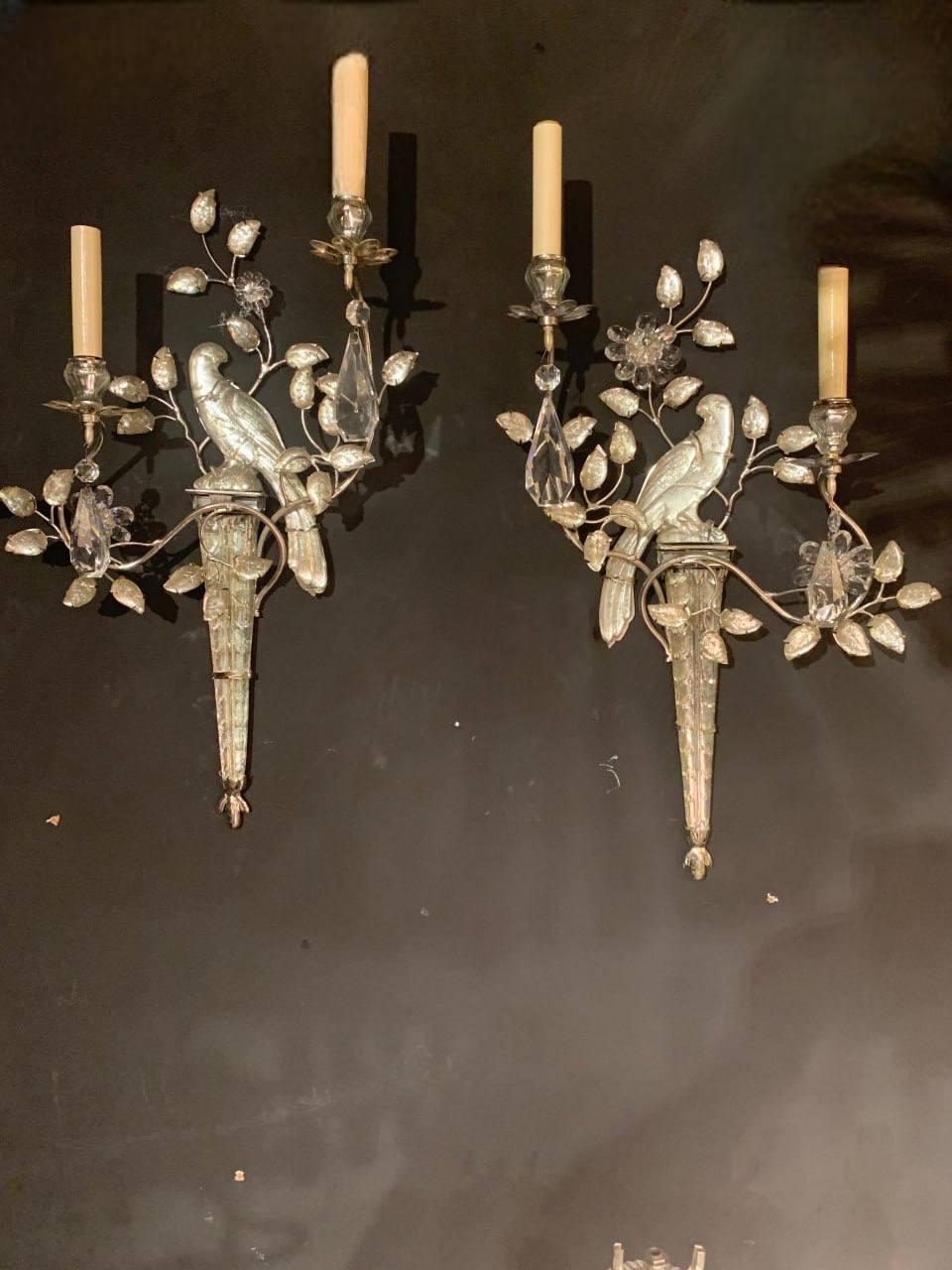 French Provincial 1930's French Bagues Silver Plated and Crystal Bird Sconces For Sale