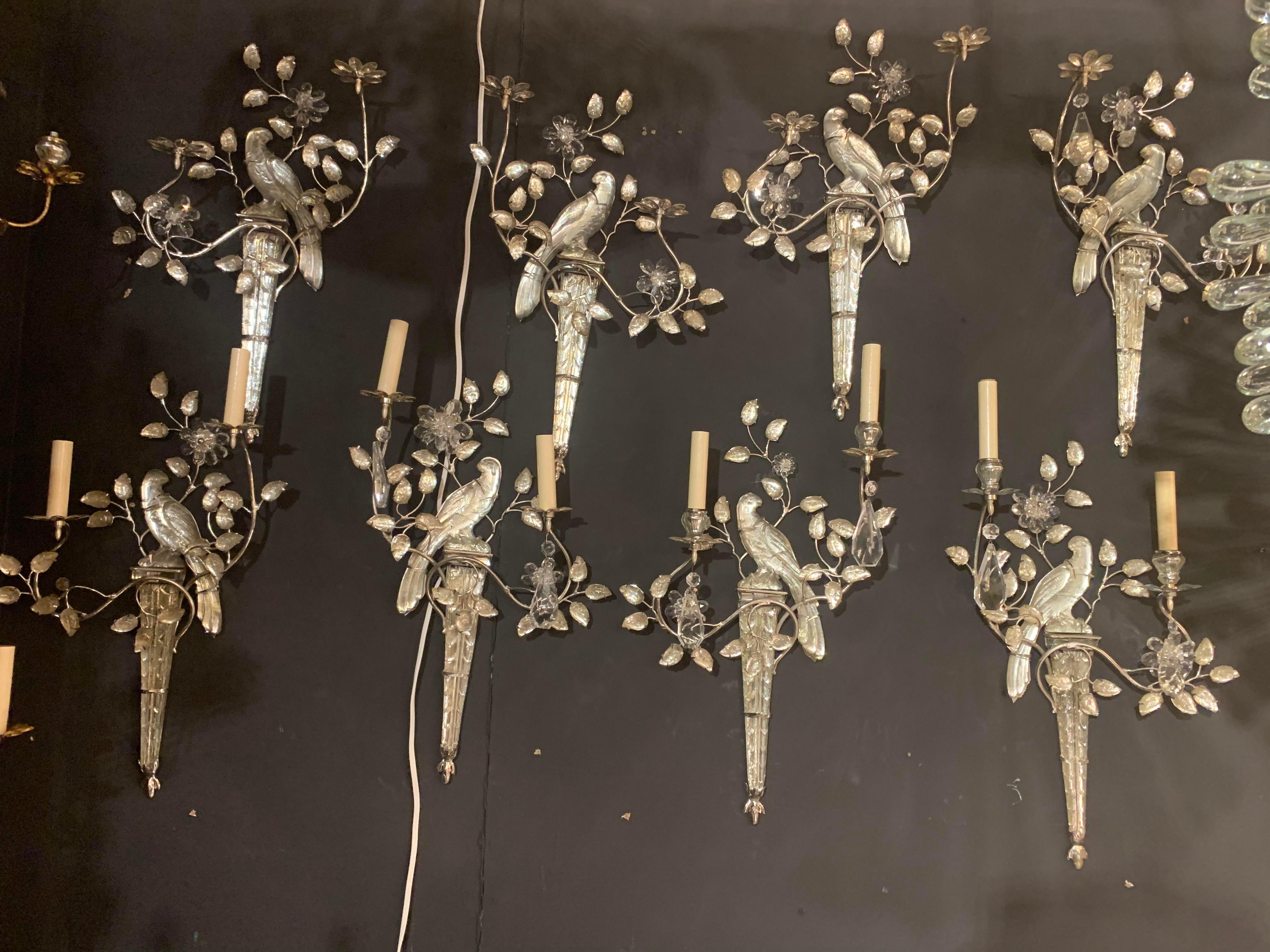 1930's French Bagues Silver Plated and Crystal Bird Sconces In Good Condition For Sale In New York, NY